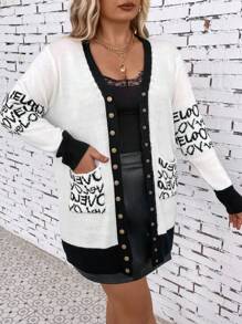 SHEIN LUNE áo hở cổ kích thước lớn Túi Nút phía trước Lá thư Giải trí - trắng - Xem 3