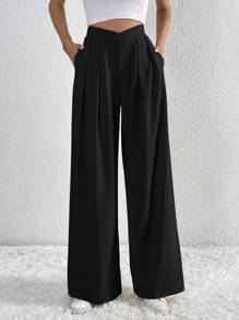 SHEIN Tall Pantalones de pierna ancha unicolor con bolsillo oblicuo - Negro - Ver 1