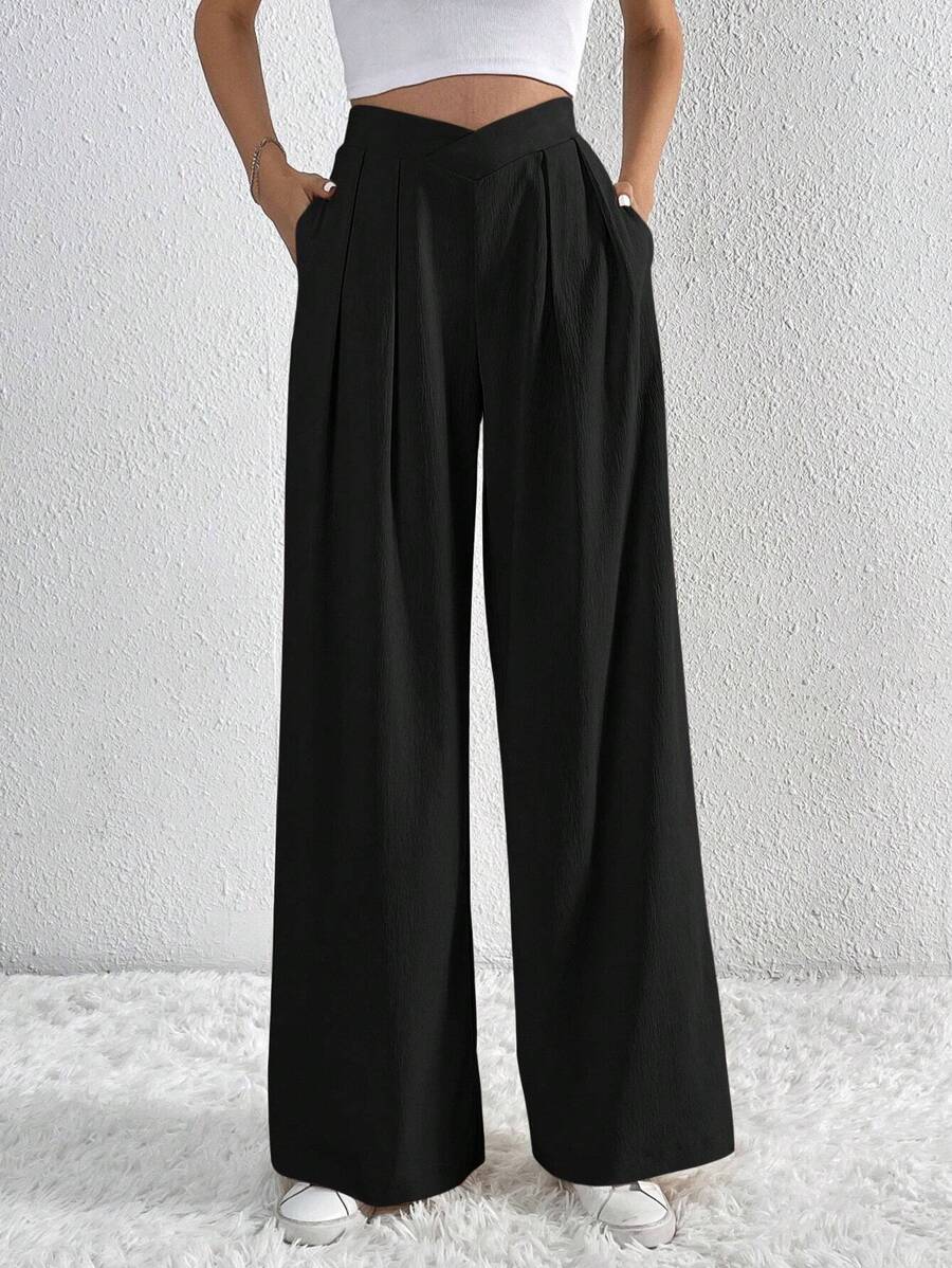 SHEIN Tall Pantalones de pierna ancha unicolor con bolsillo oblicuo - Negro - Ver 1