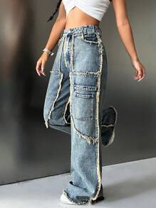 SHEIN ICON Raw Trim Wide Leg Jeans - Medium Wash - View 5