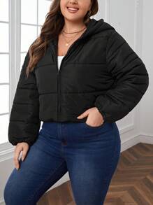 SHEIN Essnce Plus Zip Up Hooded Padded Coat - Black - View 5