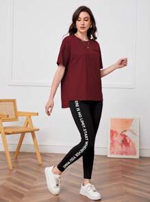 Mulvari Burgundy Red Drop Shoulder Tee & Slogan Graphic Leggings 2 Piece Set - Burgundy - View 1