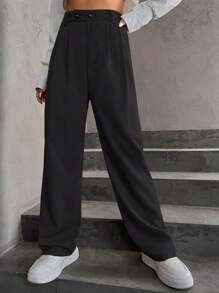 SHEIN Unity 女式纯色褶皱休闲时尚裤 - 黑色 - 查看 5