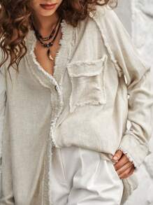 Bohemela Solid Button Front Pocket Patched Raglan Sleeve Blouse - Beige - View 5