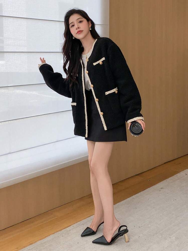 Contrast Trim Drop Shoulder Teddy Jacket,Fall Women Clothes