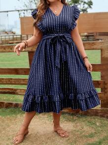 Celure 大碼條紋印花荷葉邊繫腰帶洋裝 - 寶藍色 - 查看 5