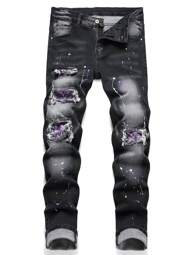 Manfinity LEGND Herren Baumwolle Splash Ink Destroyed Slim Fit Jeans für Ausgehen, Freizeit, Arbeit, Urban Street, Grunge