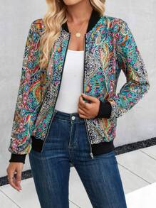 SHEIN LUNE Paisley Print Zip Up Bomber Jacket Fall Winter Cloth For Women - Multicolor - View 1