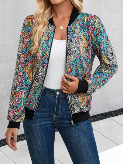 SHEIN LUNE Paisley Print Zip Up Bomber Jacket Fall Winter Cloth For Women