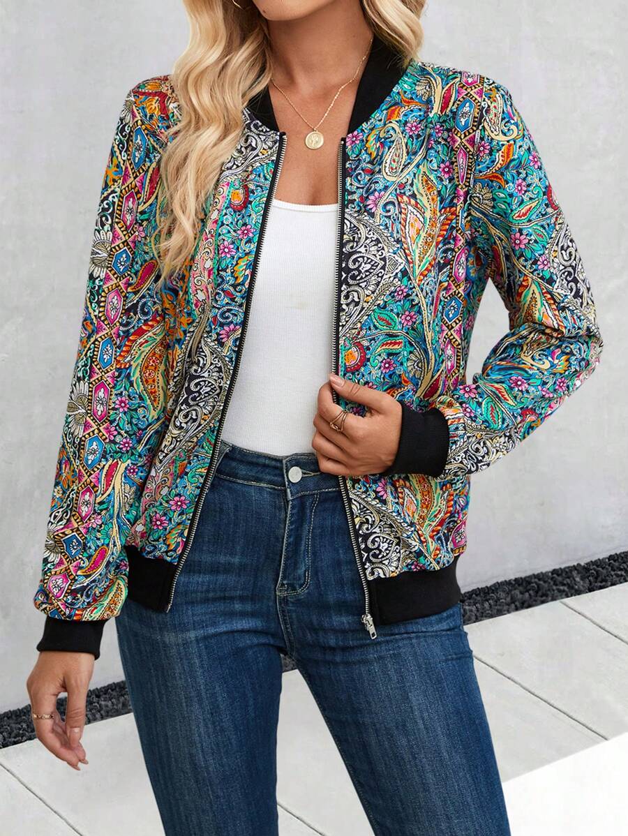 SHEIN LUNE Paisley Print Zip Up Bomber Jacket Fall Winter Cloth For Women - Multicolor - View 1