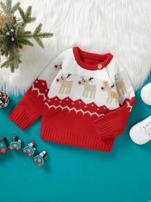 女嬰聖誕圖案插肩袖套頭毛衣 - 紅色 - 查看 4