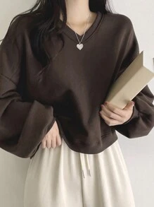 DAZY Áo chui đầu dáng rộng vai trễ vai trơn, áo dài tay, quần áo nữ mùa thu, áo nỉ - Màu nâu Sô-cô-la - Xem 4