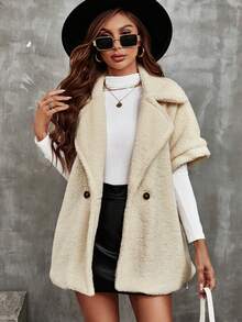 SHEIN Unity Batwing Sleeve Double Button Teddy Coat - Apricot - View 5