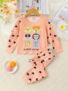 Young Girl Cartoon & Letter Graphic PJ Set - Pink - View 1