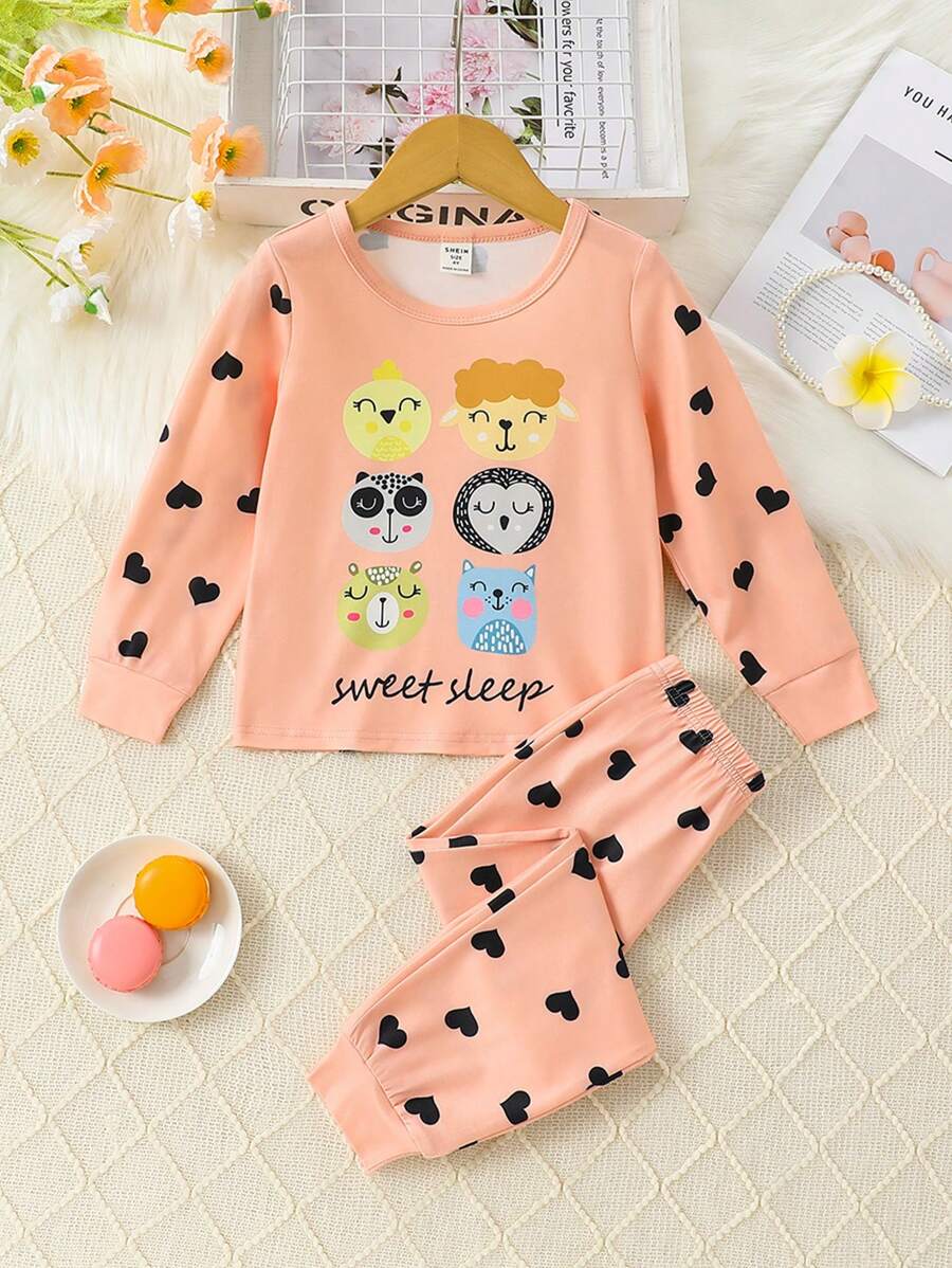 Young Girl Cartoon & Letter Graphic PJ Set - Pink - View 1