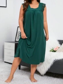 Camisón de noche con cuello cuadrado de encaje de contraste en talla grande - Verde - Ver 6
