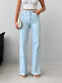 EURMUSE Raw Hem Straight Leg Jeans - Light Wash - View 4