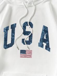 SHEIN EZwear 字母和美國旗圖案抽繩加絨內裏連帽衫 - 白色 - 查看 4