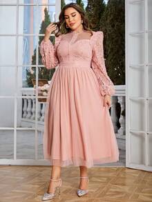 Simplee 大碼蕾絲拼接荷葉邊網紗覆蓋派對禮服 - 淺粉色 - 查看 4