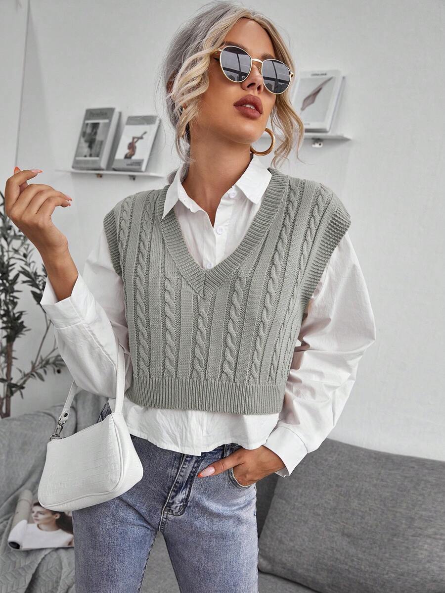 SHEIN LUNE 麻花編織V領毛衣背心 - 灰色 - 查看 1