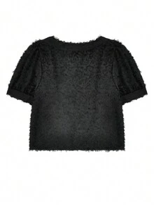 女士V领泡泡短袖夏季衬衫 黑色 - 黑色 - 查看 2