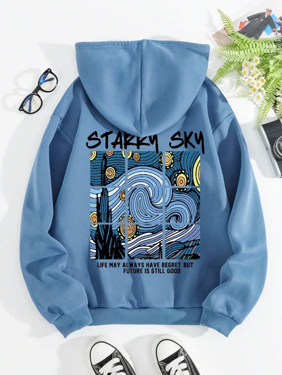 SHEIN EZwear Khẩu hiệu Đồ họa Áo hoodie dây rút lót nhiệt BẦU TRỜI SAO CUỘC SỐNG CÓ THỂ LUÔN CÓ HẤP DẪN NHƯNG TƯƠNG LAI VẪN TỐT - Màu xanh lam - Xem 1