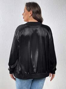 SHEIN LUNE Plus Crocodile Embossed Drop Shoulder Zip Up Bomber Jacket - Black - View 2