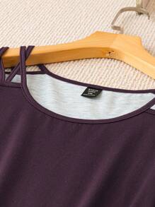 SHEIN LUNE 大碼印花肩部挖空洋裝 - 淺灰紫 - 查看 4