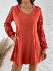 SHEIN LUNE Ren tương phản Tay áo lồng đèn Đầm Tunic - Đỏ - Xem 1