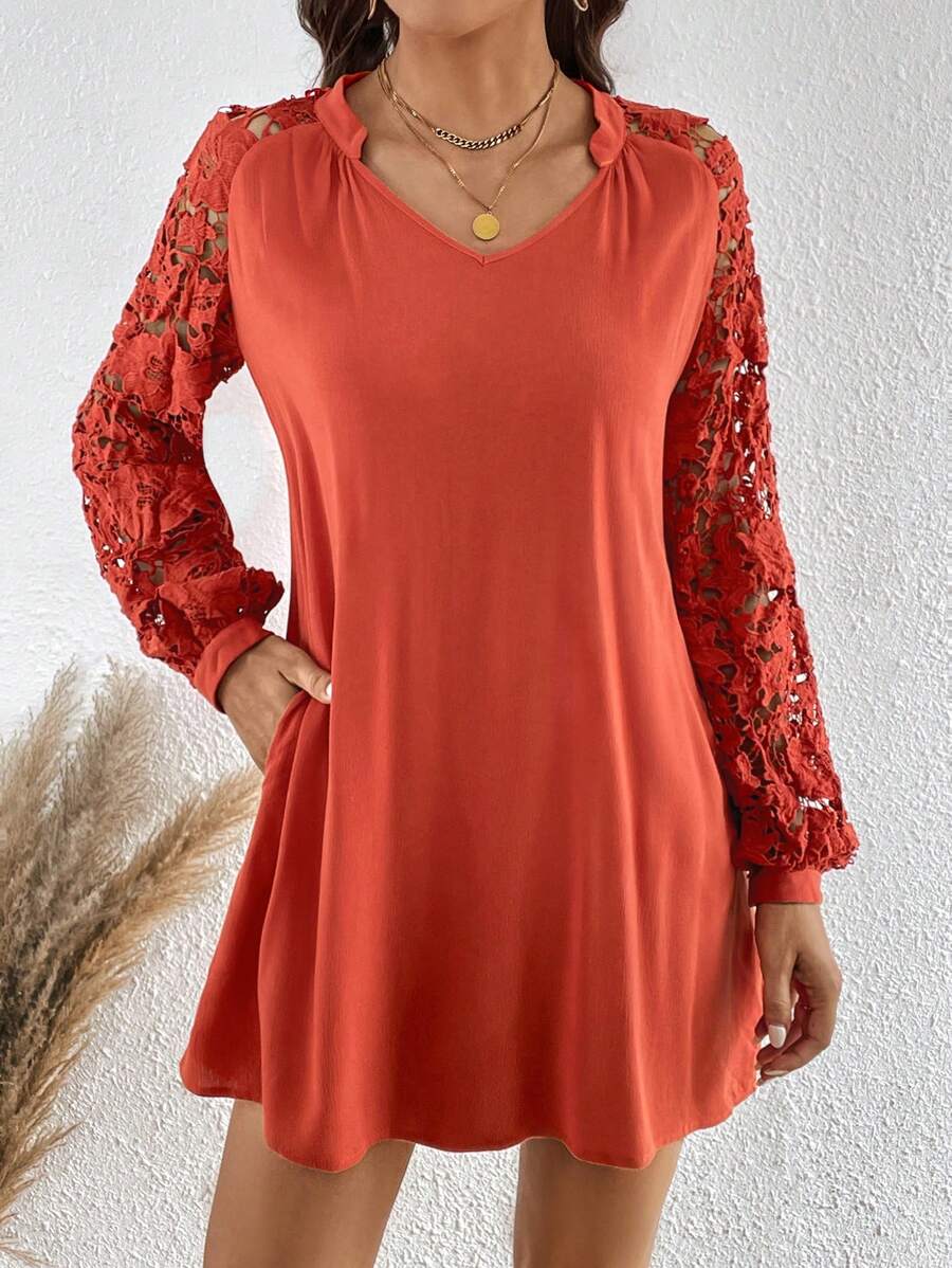SHEIN LUNE Ren tương phản Tay áo lồng đèn Đầm Tunic - Đỏ - Xem 1