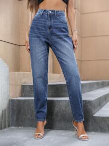 SHEIN Essnce Denim mùa giặt Quần jean Mom Fit - Rửa tối - Xem 6