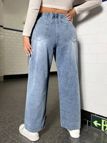 SHEIN ICON 加大爱心印花直筒男友风牛仔裤 - 中等水洗藍 - 查看 2