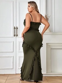 Plus Ruffle Trim Mermaid Hem Cami Dress - Army Green - View 2