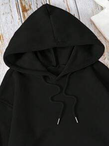 SHEIN EZwear 加大码标语图案袋鼠口袋抽绳保暖卫衣 - 黑色 - 查看 5