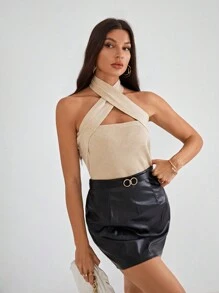 SHEIN Privé Crisscross Halter Knit Top - Khaki - View 3