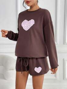 SHEIN Maternity Heart & Letter Graphic Drop Shoulder Pullover & Drawstring Waist Shorts - Chocolate Brown - View 5