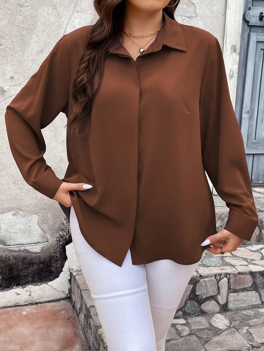 Vionelle Plus Size Women's Solid Color Long Sleeve Single-Breasted Casual Shirt - Brown - View 1