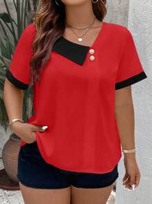SHEIN Clasi Blus Ukuran Plus Asimetris Tombol Blok Warna Casual - Merah - View 5
