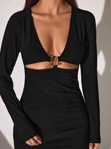 EURMUSE Plunging Neck Cut Out Front Bodycon Dress - Black - View 4