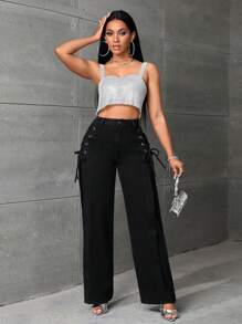 SHEIN Lace Up Side Wide Leg Jeans - Black - View 4