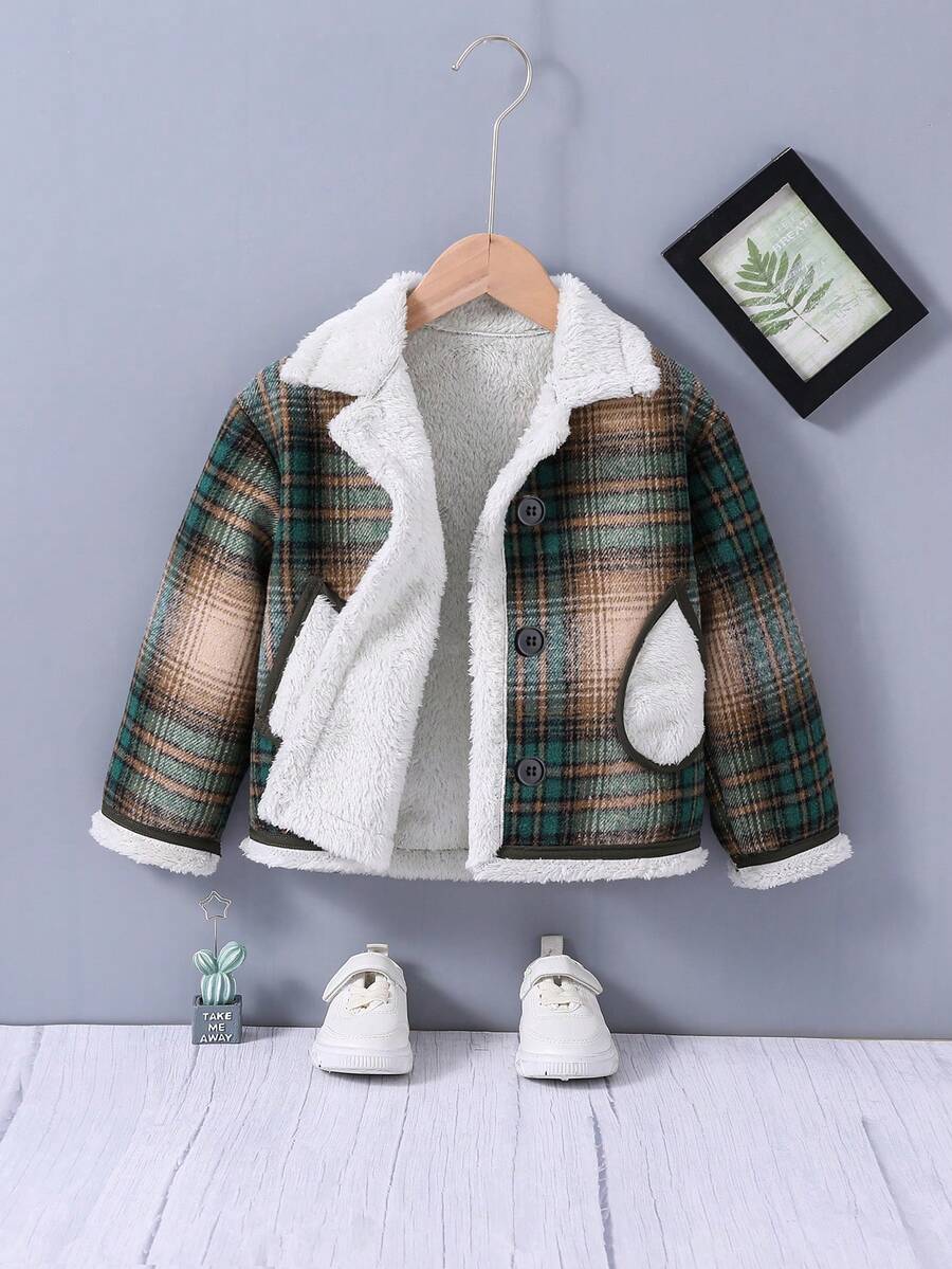Young Boy 1pc Plaid Print Thermal Lined Jacket - Green - View 1