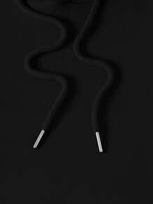 SHEIN EZwear 加大码标语图案袋鼠口袋抽绳保暖卫衣 - 黑色 - 查看 3