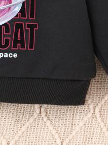 女嬰標語和卡通圖案拼接側邊接縫運動衫 - 黑色 - 查看 7