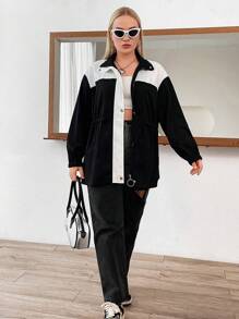 Flirla 大碼雙色落肩袖外套 - 黑與白 - 查看 7
