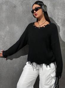 SHEIN EZwear 大碼落肩袖破洞毛衣 - 黑色 - 查看 5