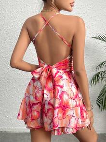 Soleia 印花鏤空褶邊吊帶連體短褲 - 玫紅色 - 查看 2