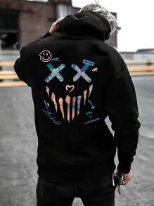 Manfinity LEGND Men Cartoon Graphic Drawstring Hoodie - Black - View 1