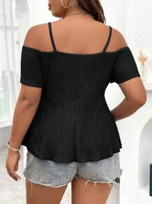 SHEIN Unity Camiseta casual de manga corta con hombros descubiertos, cintura acampanada y corte a la línea A, para uso al aire libre/vacaciones en talla grande con tejido elástico - Negro - Ver 2