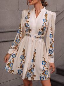 SHEIN Clasi 印花前紐扣襯衫洋裝 - 杏色 - 查看 1