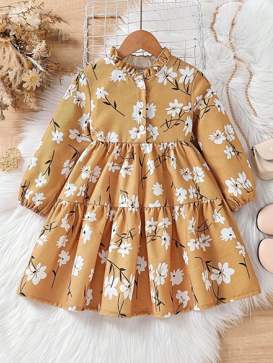 SHEIN Young Girl Floral Print Ruffle Hem Smock Dress - Brown - View 1